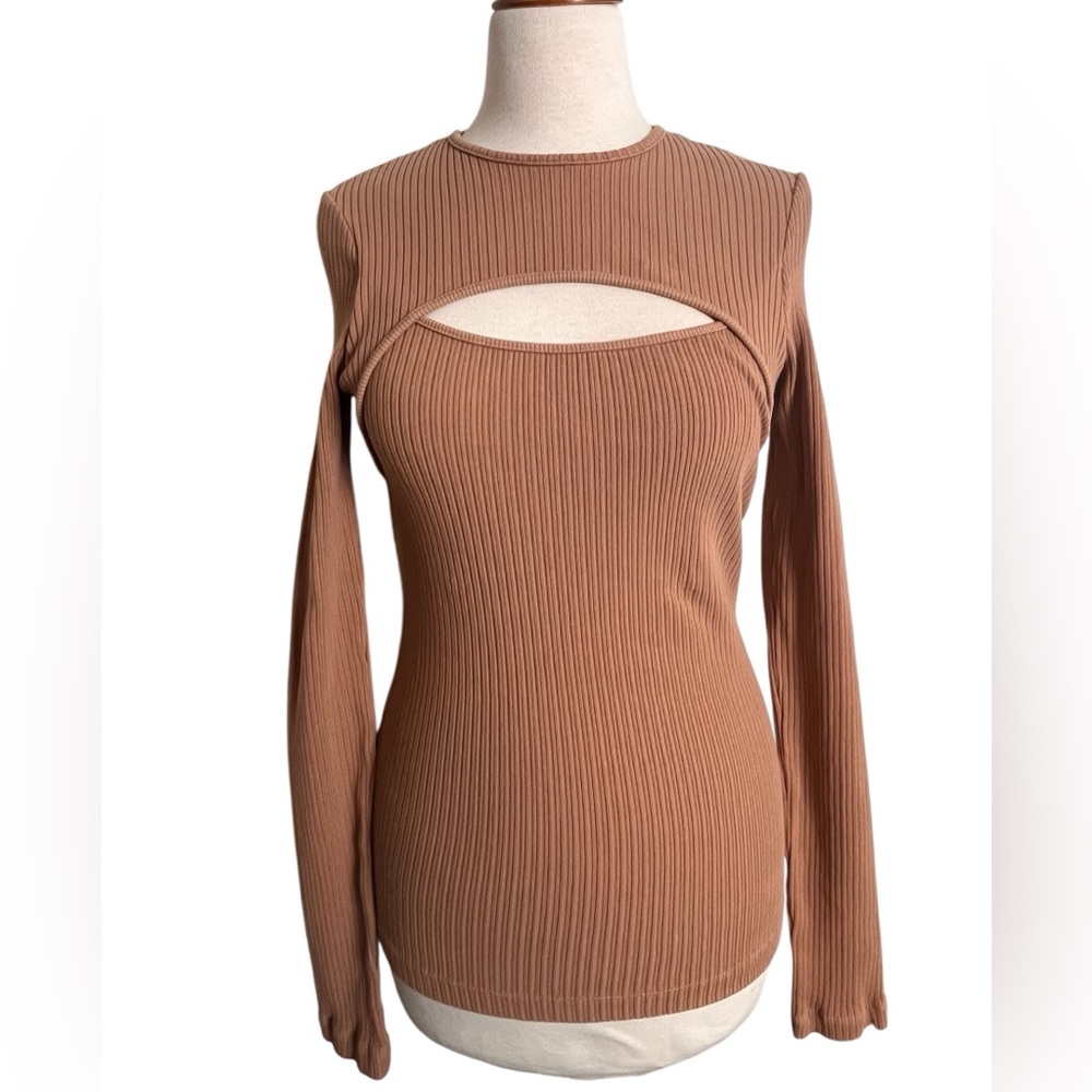 AGOLDE Lyza Cut Out Ribbed Top Brown “Pantyhose” Organic Cotton Size Small